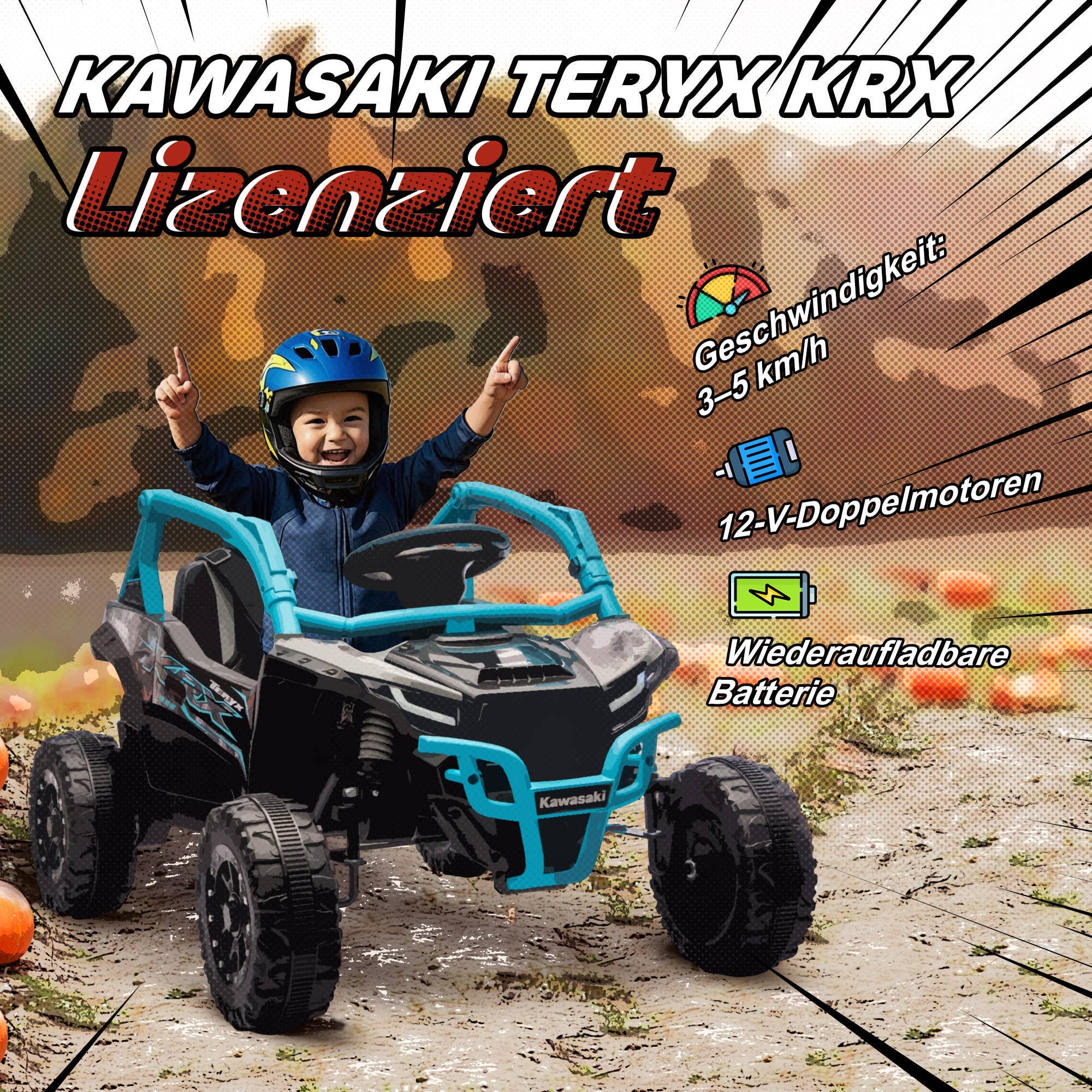 Blå Kawasaki Teryx KRX 1000 elektrisk UTV til børn med 12V motor og fjernbetjening.