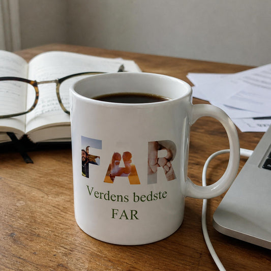 Personligt keramik krus til fars dag med egne billeder og teksten Verdens bedste FAR.