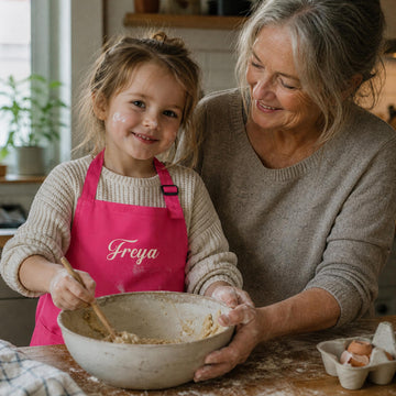 Lille pige i lyserødt forklæde med navnet Freya bager i køkkenet med sin bedstemor.