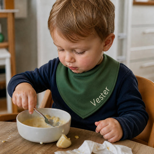 Lille dreng spiser med en grøn hagesmæk med navnet Vester broderet på.