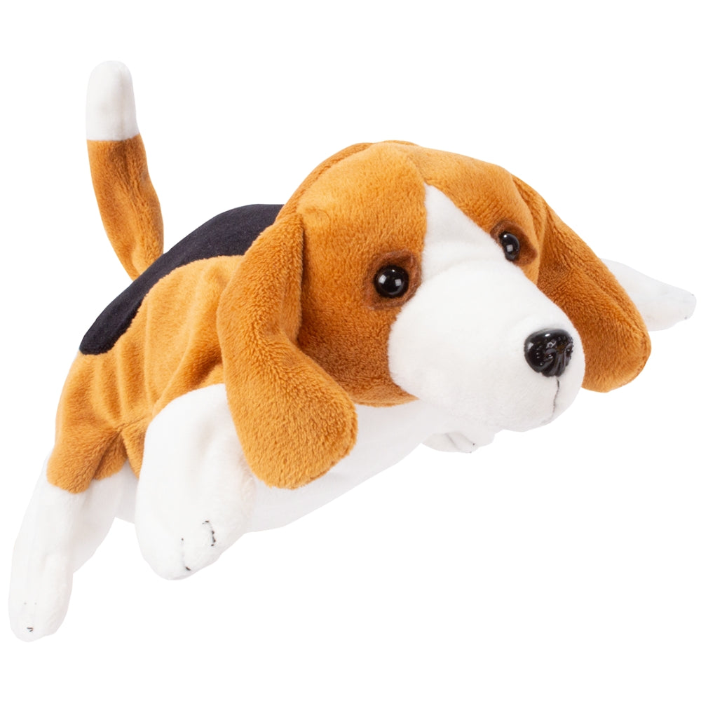 Hund hånddukke liggende beagle med hvide og brune farver