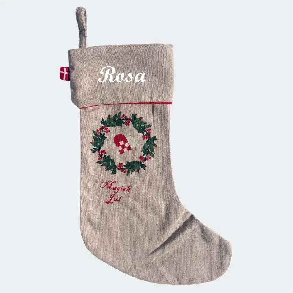 Julesok med navn og motivet Julehjerte i rød og hvid