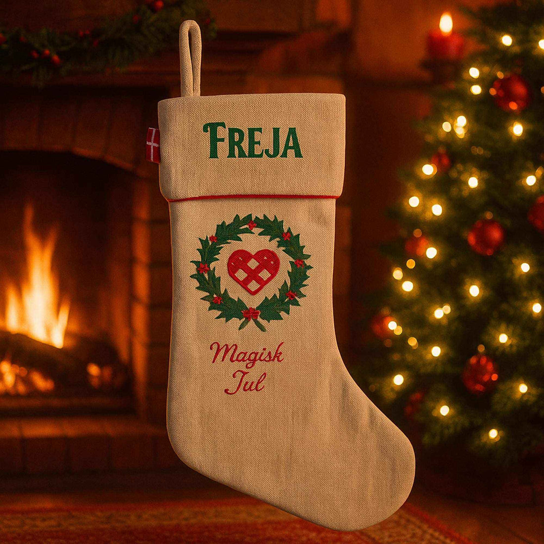 Julesok med Navn - Julehjerte i Rød og Hvid Customizer minegenverden