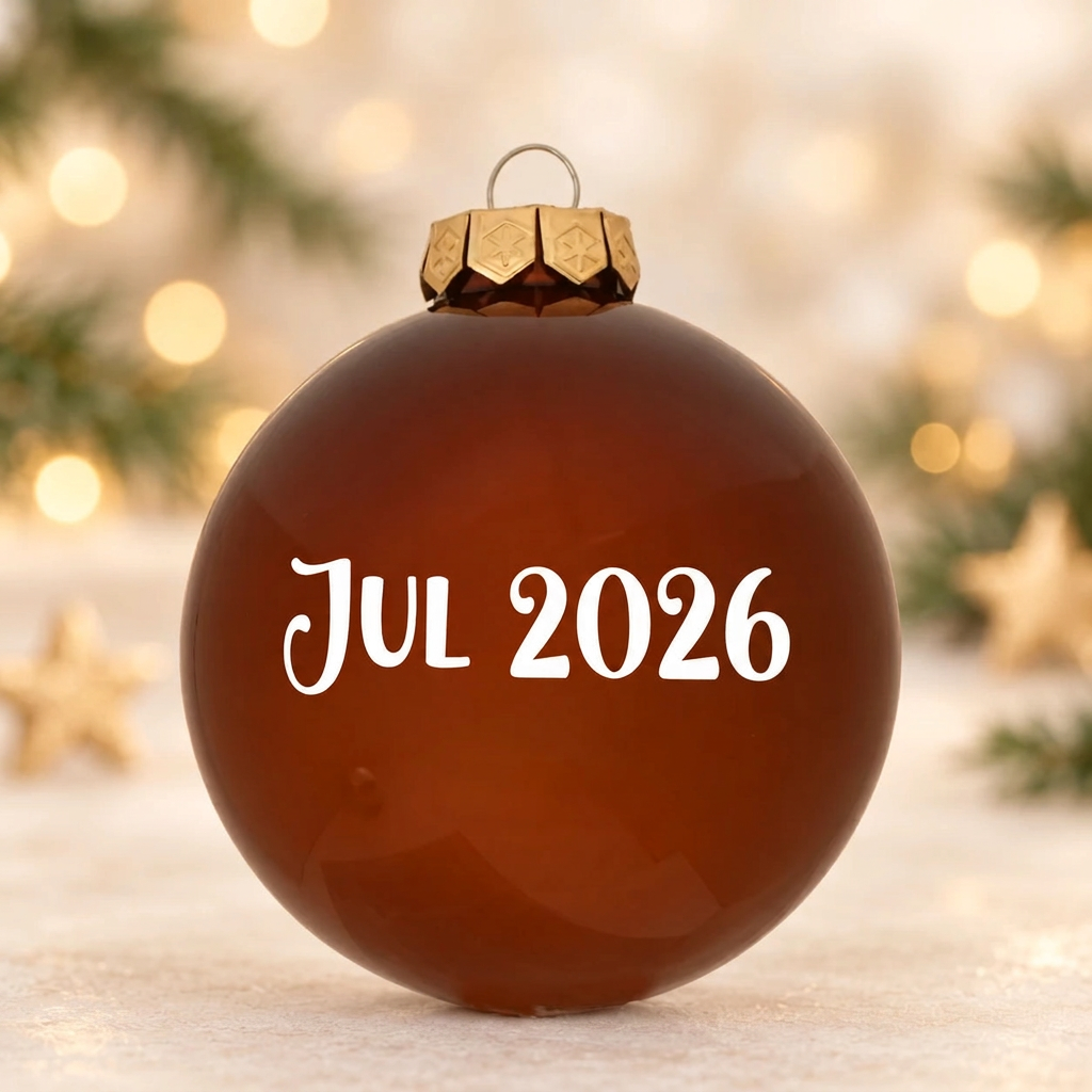 Kastanjefarvet julekugle med teksten Jul 2026