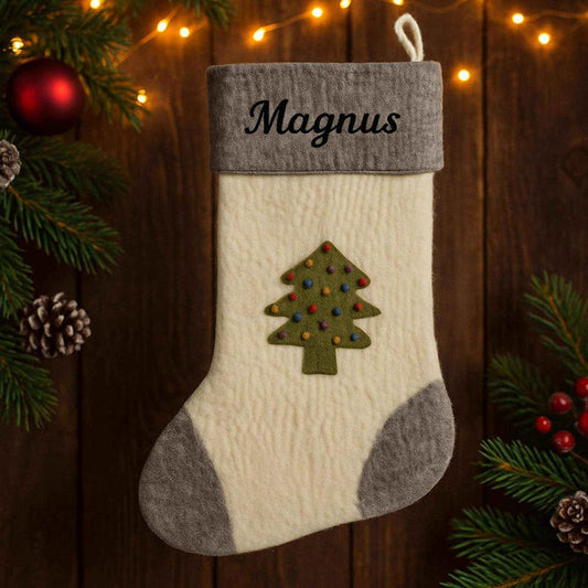 Julesok i uld med navn og motivet Juletræ