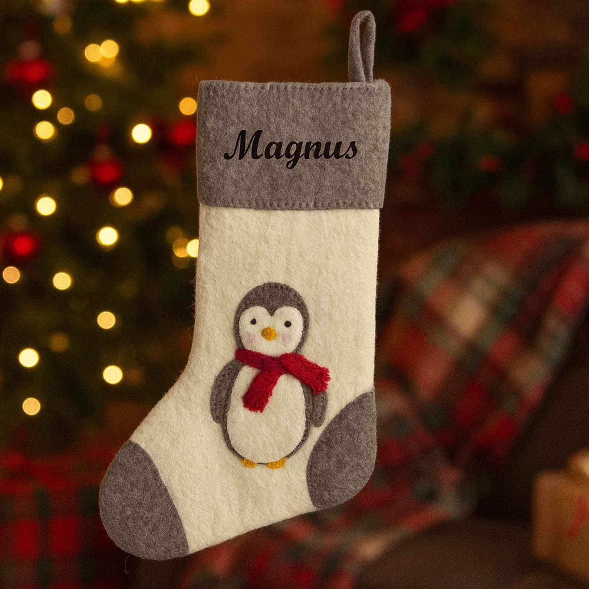 Uld Julesok med navn - Pingvin Customizer 123Unik