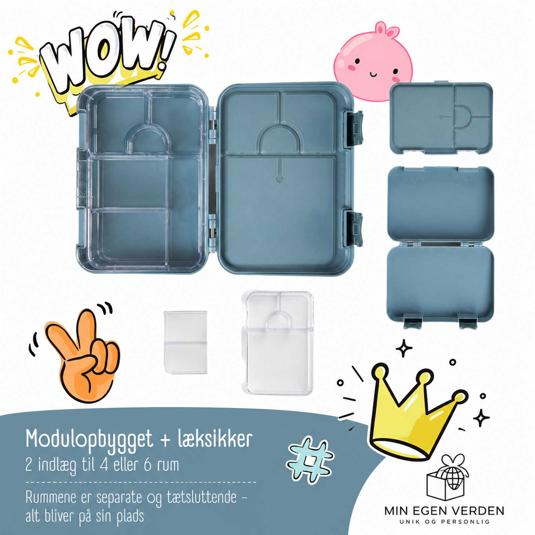Blå læksikker bento madkasse med rum til børn i modulopbygget design.