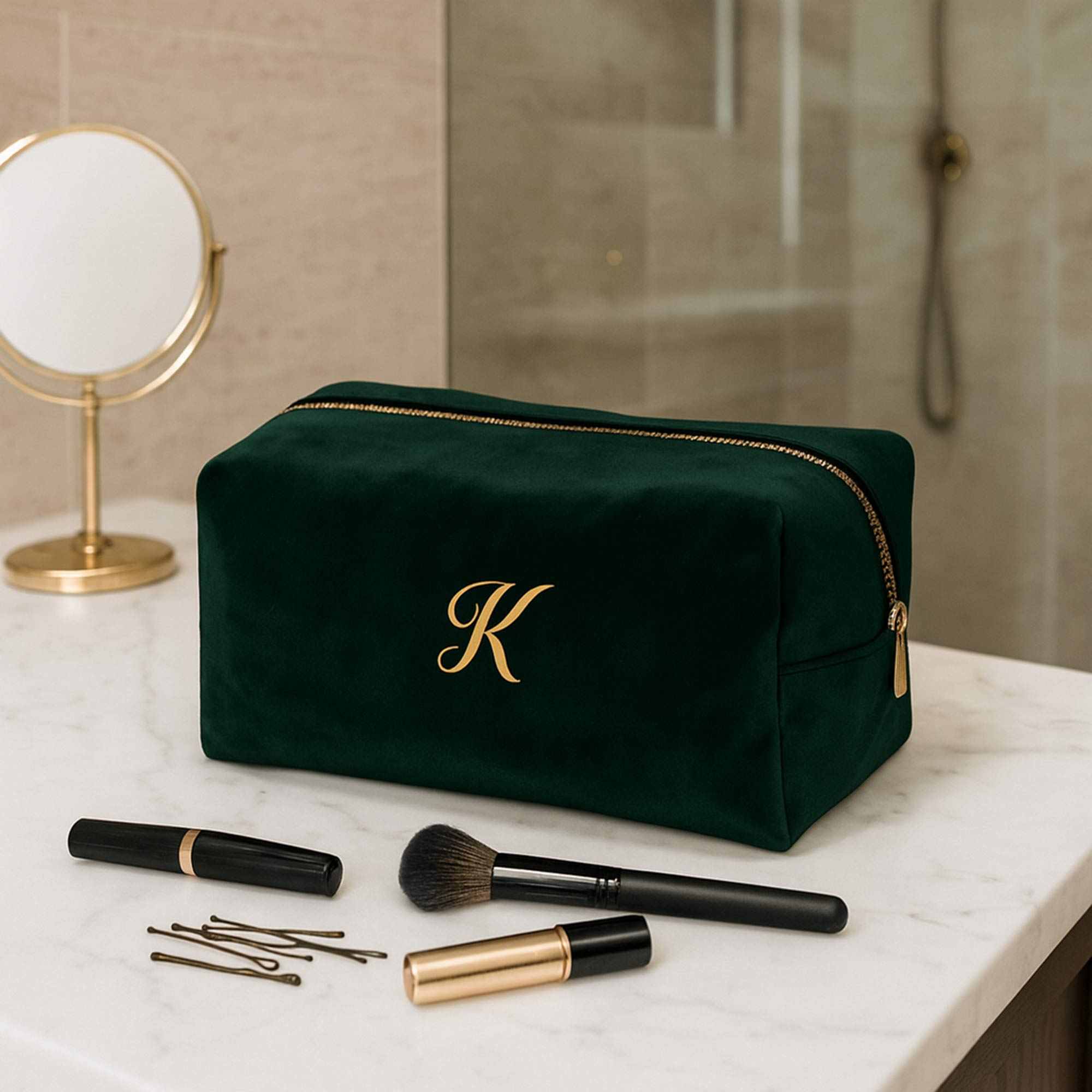 Mørkegrøn velourmakeuptaske med broderet bogstav ved makeup og spejl