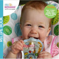 Opskriftsbog til babymad med barn der spiser mos fra en pose.