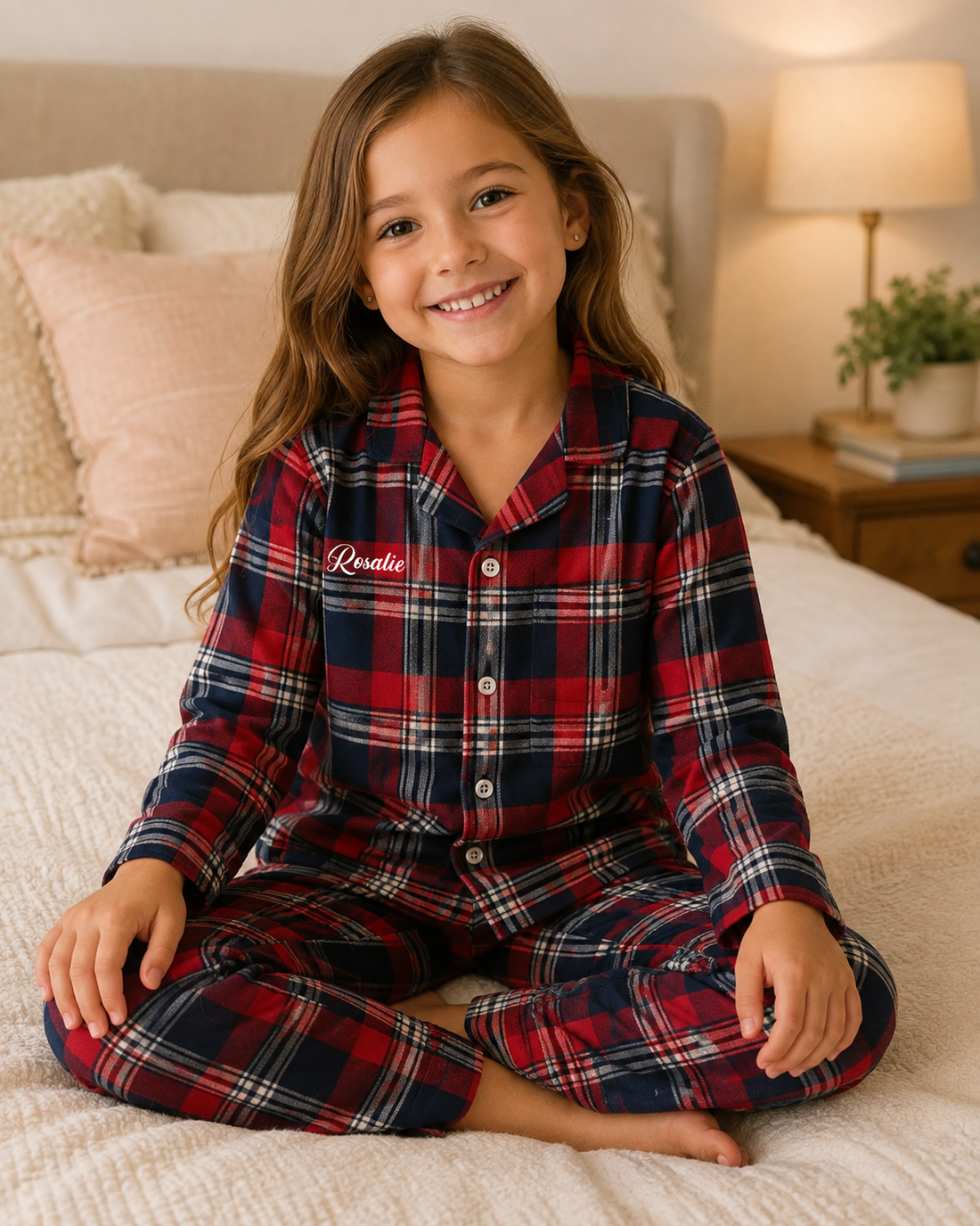 Smilende pige i et rødternet todelt pyjamassæt med navn siddende på en seng.