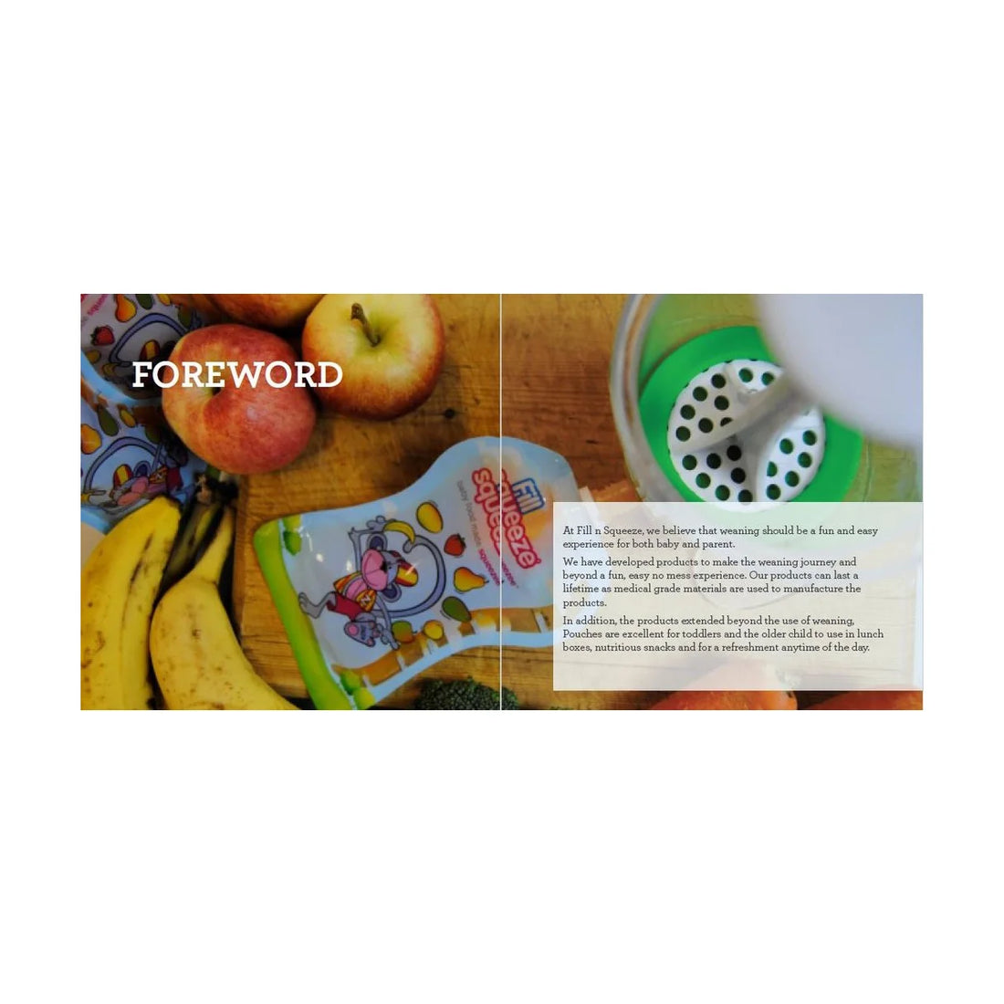 Opskriftsbog til babymad med barn der spiser mos fra en pose.