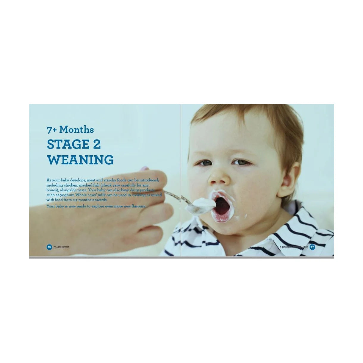 Baby being spoon-fed from the recipe book's "Stage 2 Weaning" section.