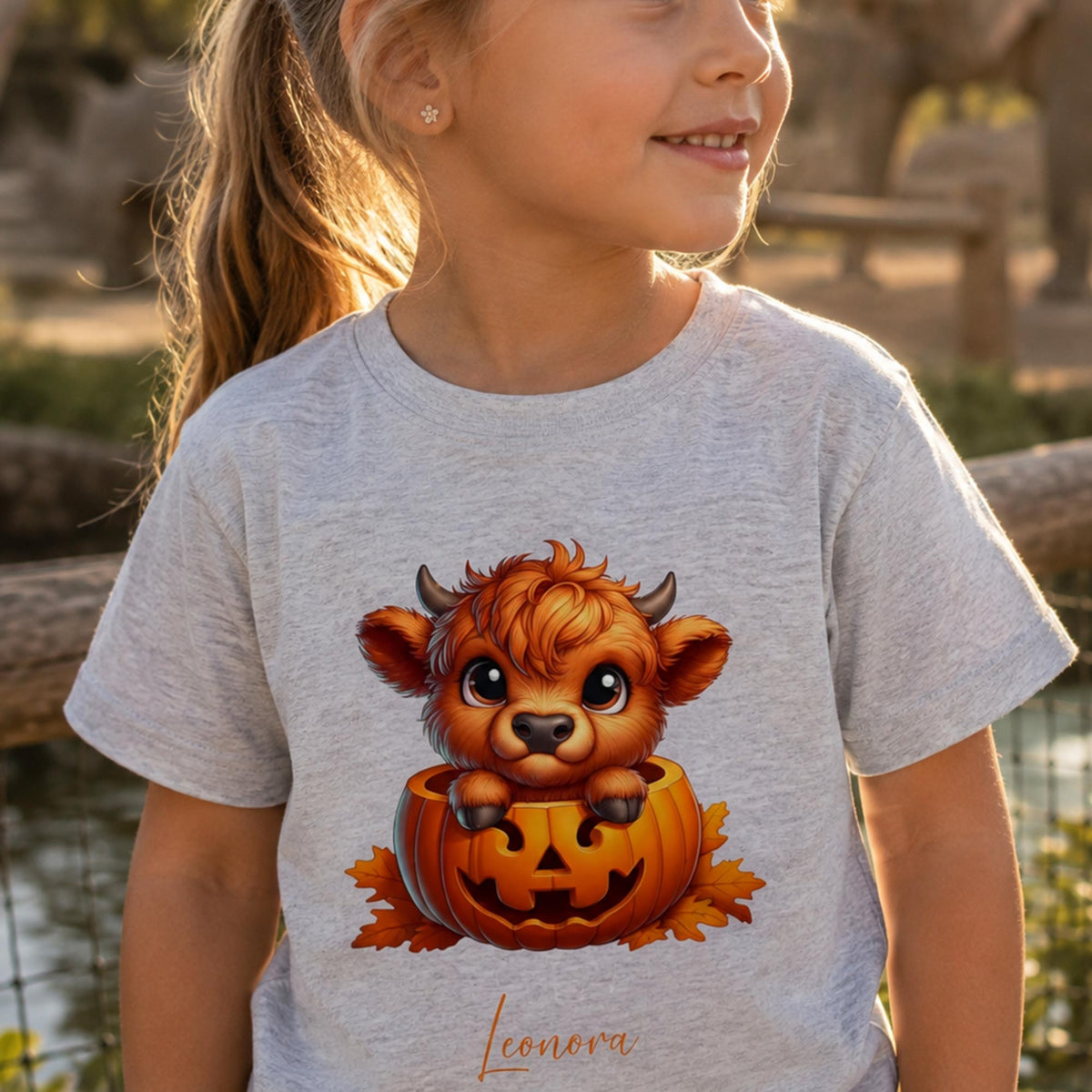 Pige i lysegrå T-shirt til børn med sød Halloween bøffel i et græskar motiv.