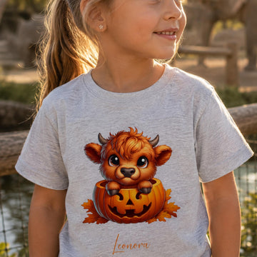 Pige i lysegrå T-shirt til børn med sød Halloween bøffel i et græskar motiv.