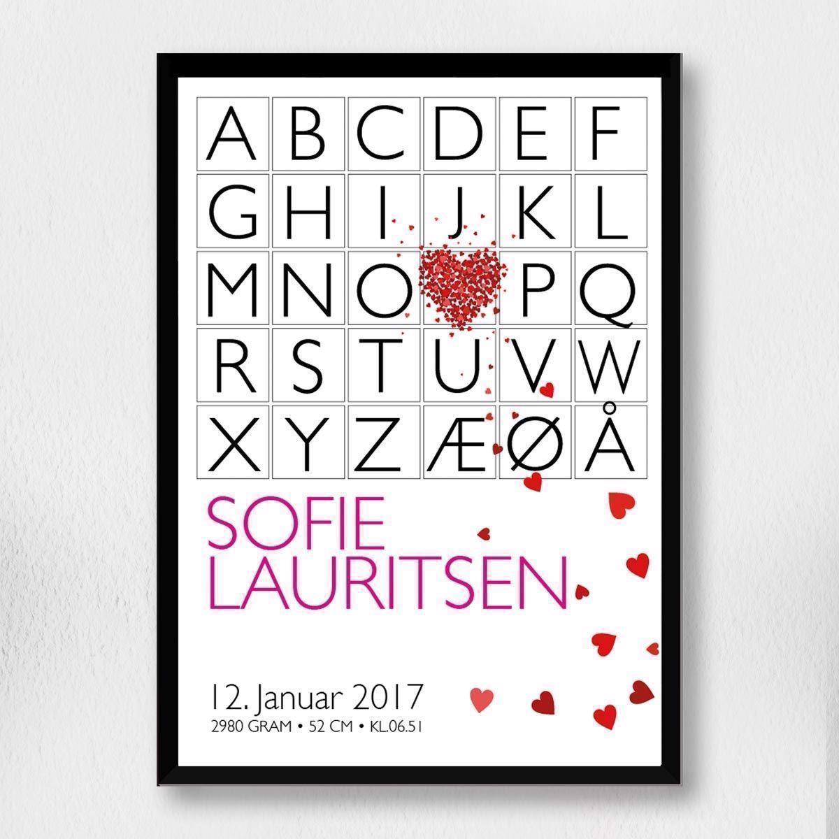 Fødselsplakat med alfabetet pink