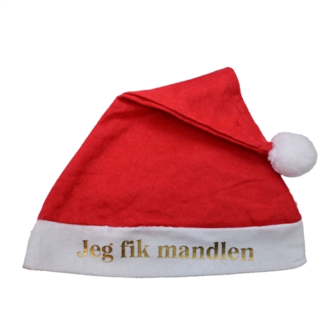 Mandelgave nissehue med tekst. Jeg fik mandlen