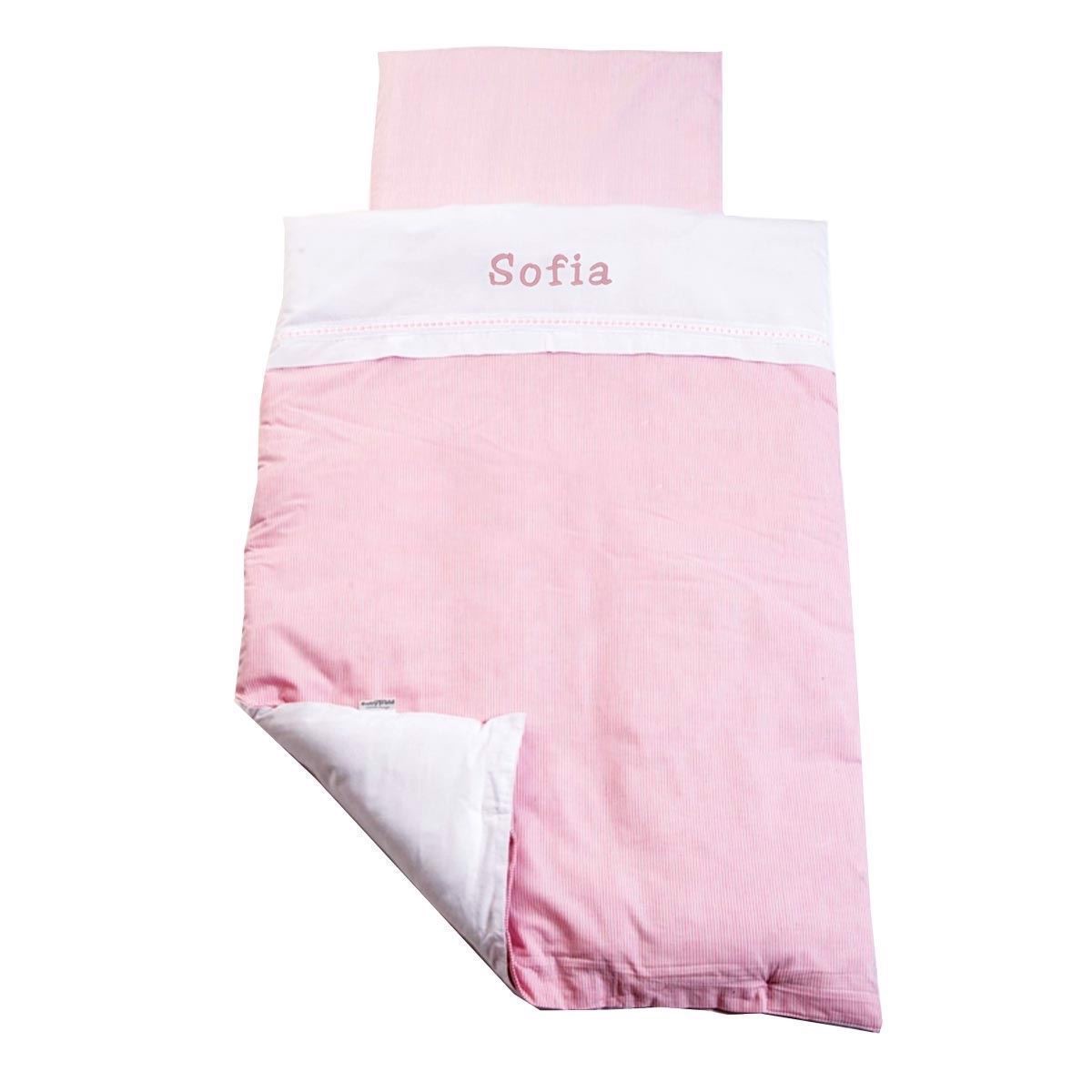 Image of Baby sengetøj lyserød strib med navn og dato (Sengetøj lyserød med navn og fødselsdag babytrold)